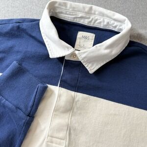 M&S Striped Rugby Shirt Navy Cream Large Long Sleeve Casual Polo Top